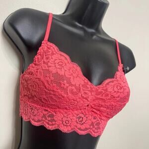 Youmita Lace Bralette Crop Top Floral Wireless Bra Sexy V Neck, Hot Pink, SMALL